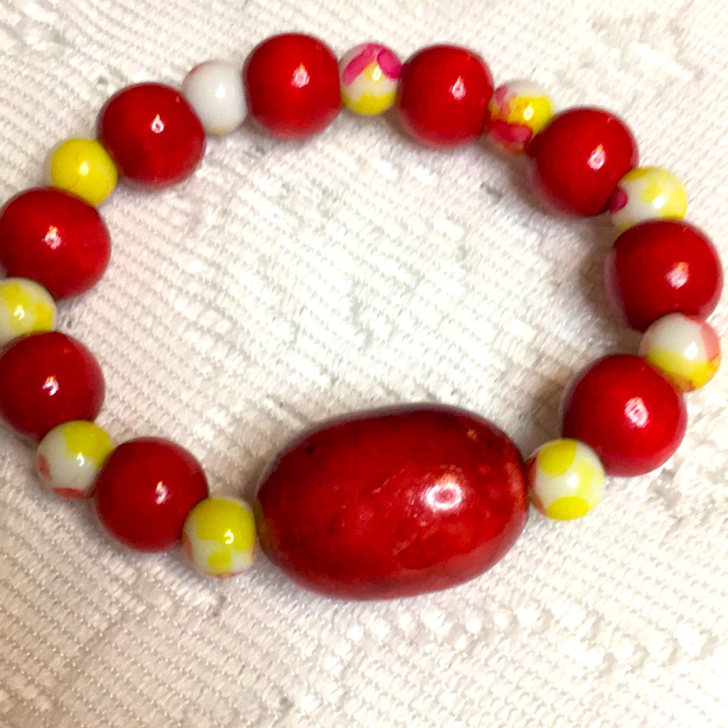 Red Wood Beaded Bracelet W Glass Beads